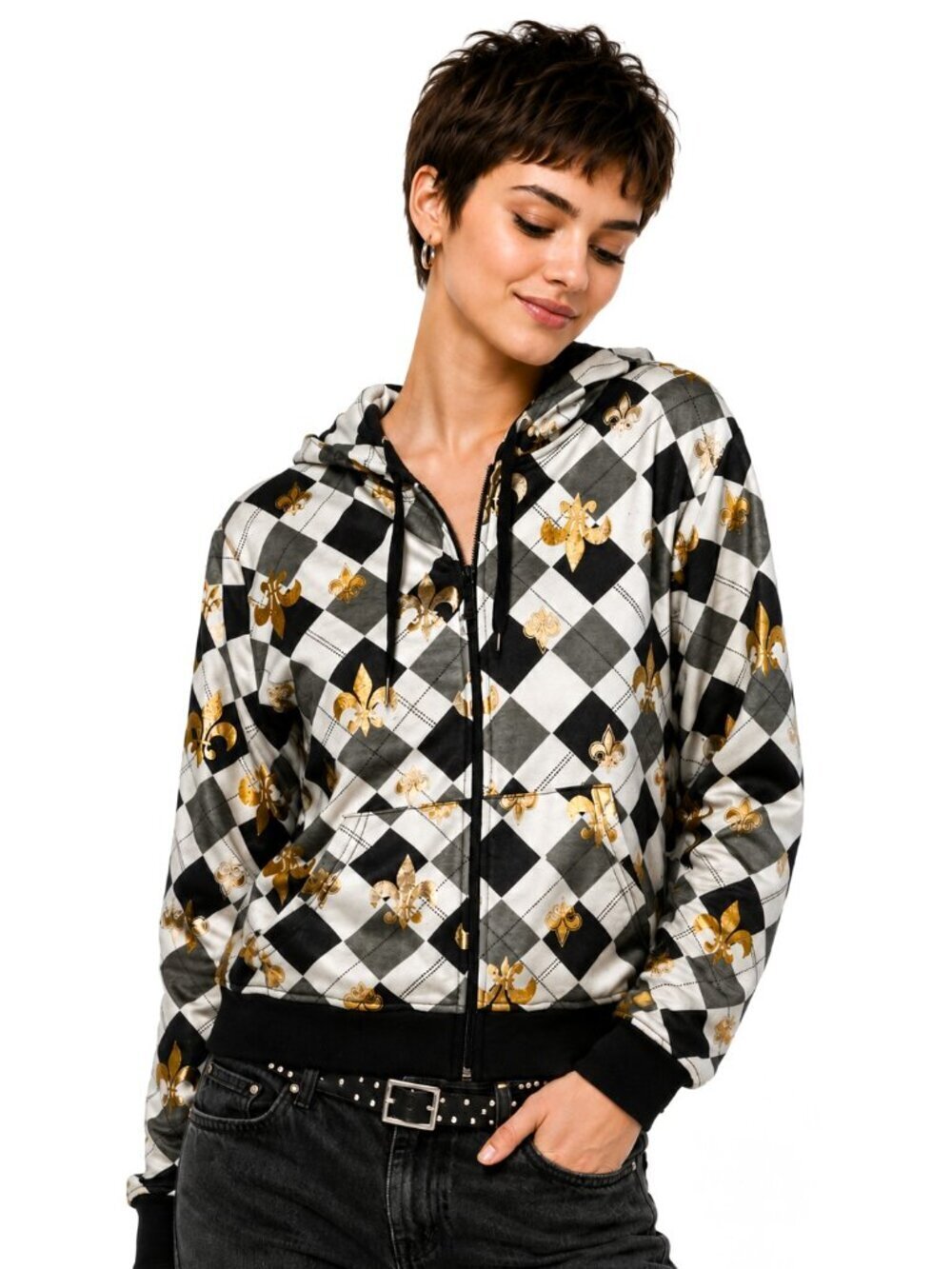 Crest Gold Metallic Fleur De Lis Cotton Zip Hoodie